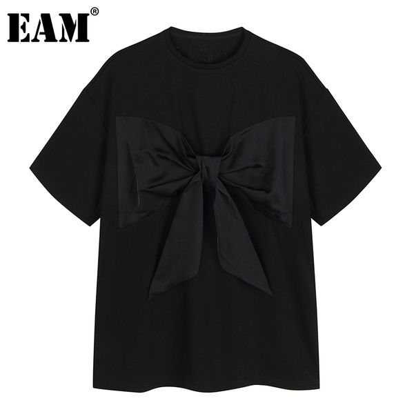 

[eam] women black big size bow casual loose fit t-shirt round neck short sleeve fashion spring summer 1dd7279 210512, White