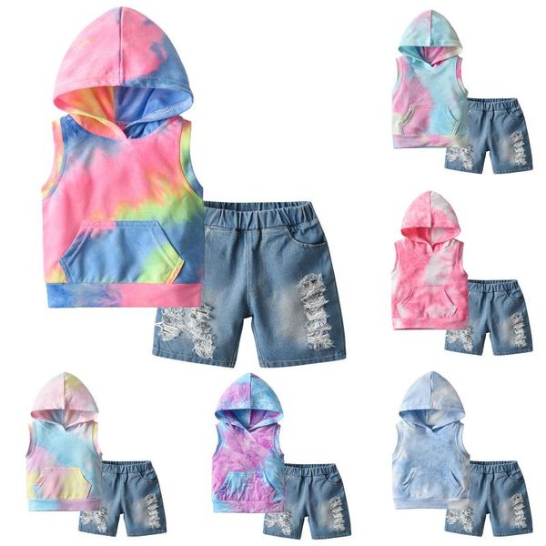 

clothing sets kids boys set rainbow tie-dyed hoodie +hole denim shorts summer sleeveless pants 2 pieces for 6m-4t infant baby, White