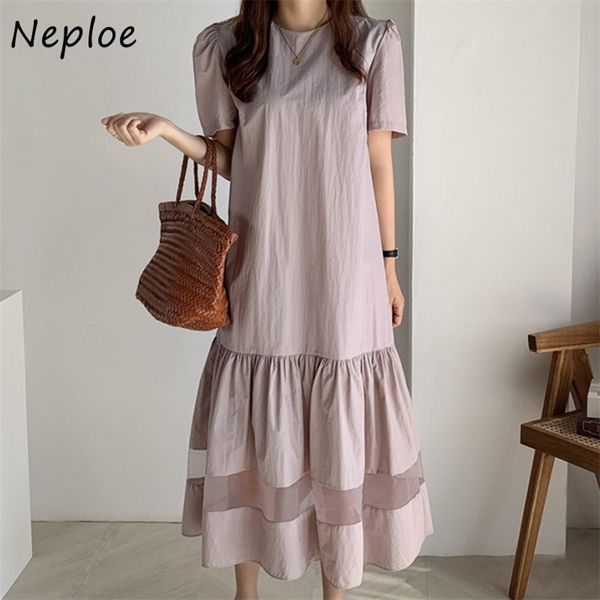 

o neck pullover short sleeve dress women mesh patchwork loose solid vestidos high waist hip a line long robe summer 210422, Black;gray