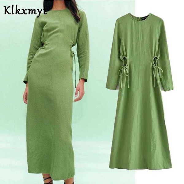 Klkxmyt Za Spring Dress Women Fashion Opening Design Midi Donna Vintage manica lunga regolabile legato casual es 210527