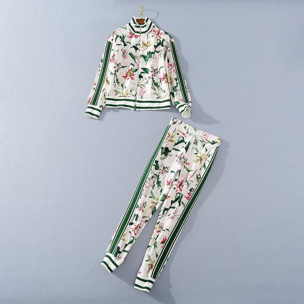 

dress european and american women's clothing autumn style long sleeve zipper jacket trousers fashionable lily print suit 6mjh, White