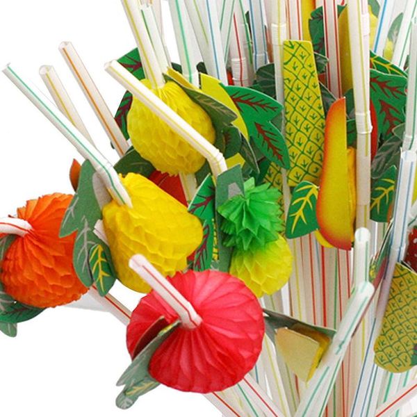 

disposable dinnerware 50pcs/lot 24cm 3d party straw multicolor fruit plastic cocktail drinking hawaiian decoration drink decor