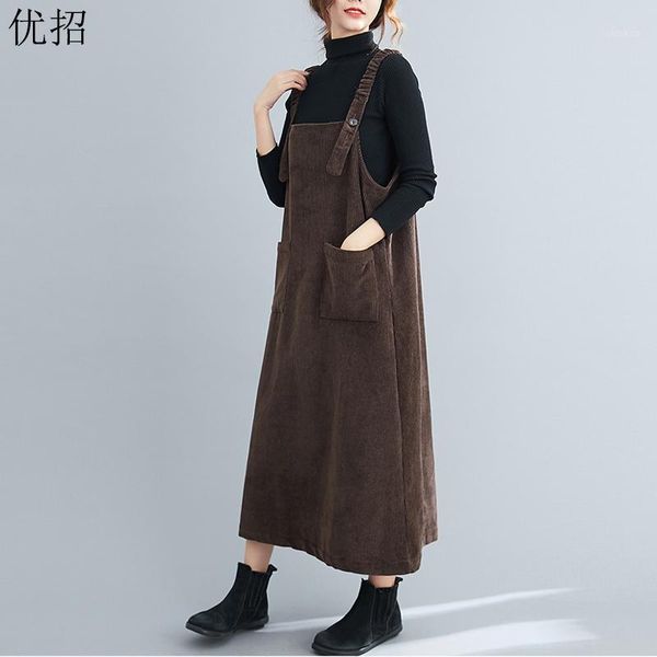 

plus size women's dress corduroy mid long loose casual all-match suspender dresses robe femme one-piece sleeveless women, Black;gray