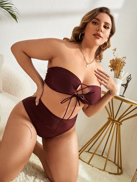 

plus lace up bandeau bikini swimsuit v6ah#, Black