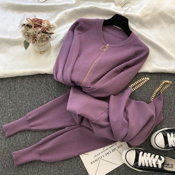 

women zipper knitted cardigans sweaters + pants sets + vest female fashion jumpers trousers three piece set costumes outfit, White