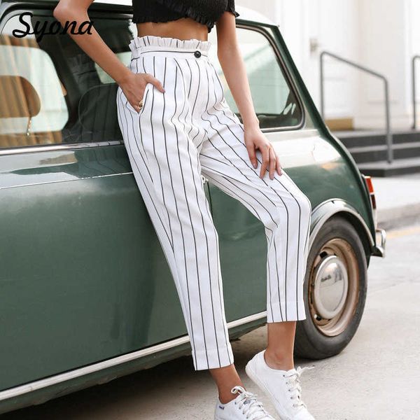 Mulheres Casual Reta Pinstrie Calças Stripe Loose Branco Franja Long Calças Escritório Senhora Pantalon Palazo Highwayed Sumário Q0801