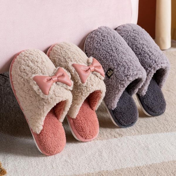 

winter women flat slippers warm cute bow plush female home floor fashion comfort shoes couple plus size man footwear, Black