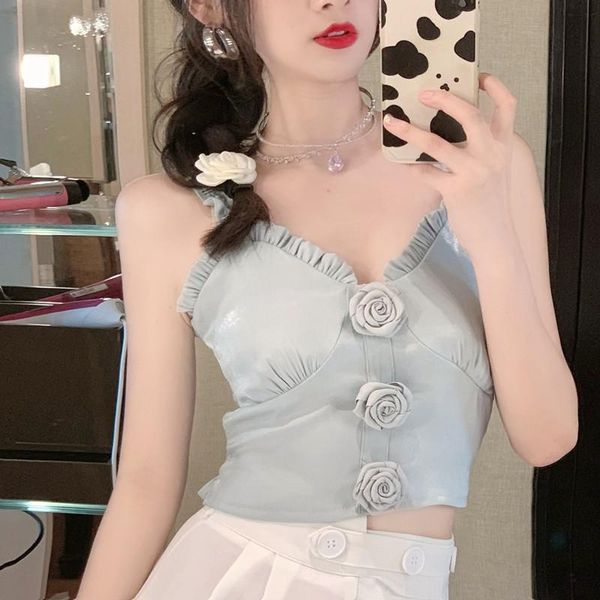

women's blouses & shirts summer 2021 party three-dimensional rose flower v-neck sleeveless short camisole streetwear sweet blue sli, White