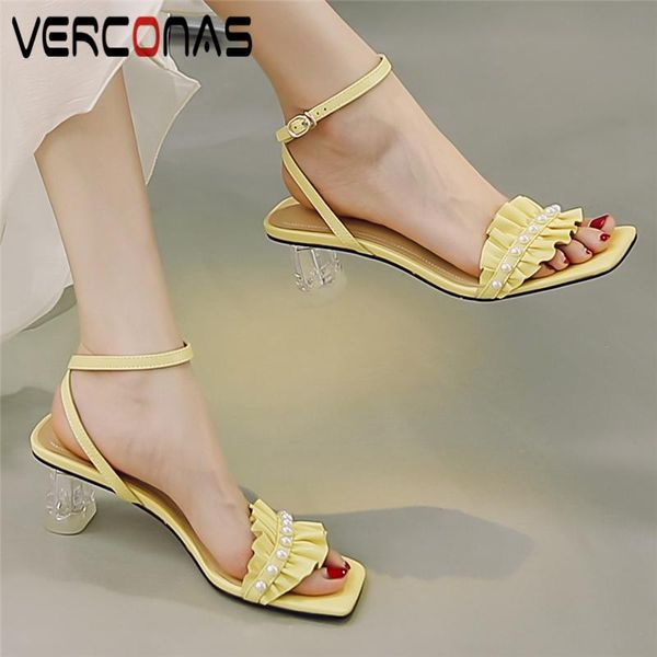 

sandals verconas ankle strap women elegant sweet pearl ruffles pumps summer genuine leather high heels party prom shoes woman, Black
