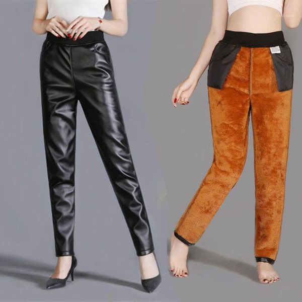 

women's pants & capris mother lady pu leather loose straight high waist autumn winter warm leggings plus velvet thick size trousers, Black;white