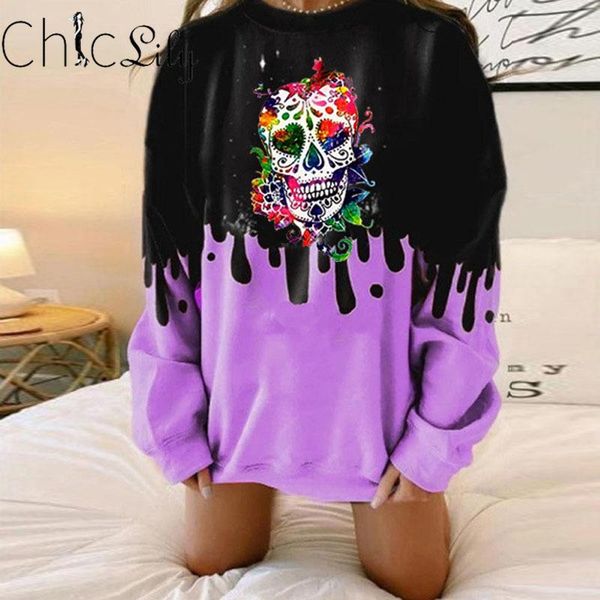 

women's hoodies & sweatshirts chiclily long sleeve skull print casual pullover sweatshirt halloween o-neck fall women clothing oversize, Black
