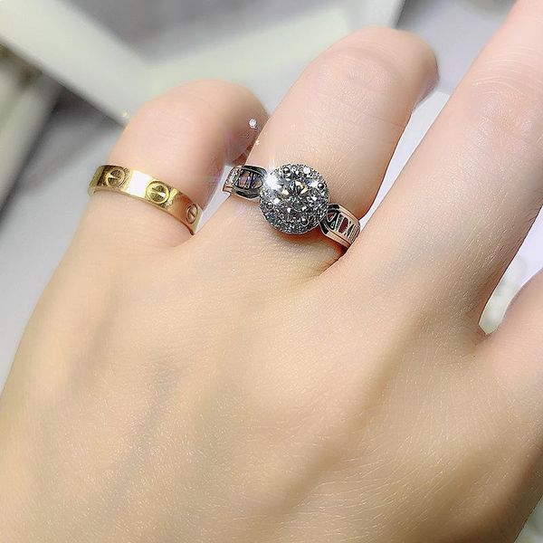 

wedding rings trendy female crystal round chain ring charm silver color engagement luxury hollow white zircon for women, Slivery;golden