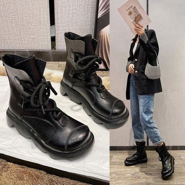 

boots winter 2021 women mid-calf fashion classic women's short cool leather lace-up round toe chunky shoes botas de mujer, Black