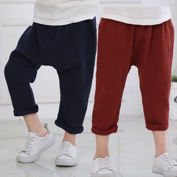 

summer solid color linen pleated children ankle length pants for baby boys harem kids child 2 5y, Blue