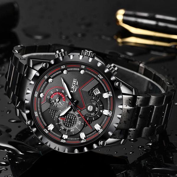 

wristwatches lige men watches fashion sport waterproof chronograph male stainless steel wristwatch relogio masculino, Slivery;brown