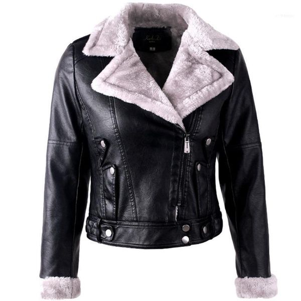 

warm women's winter motorcycle velvet jacket female short lapels fur thick korean version plus 2021 bomber1, Black