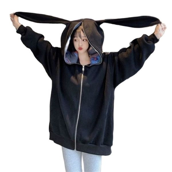 

harajuku kawaii bunny ears hoodie women fashion coat winter warm oversized loose thick zip up sweatshirt girl cute clothes 210909, Black