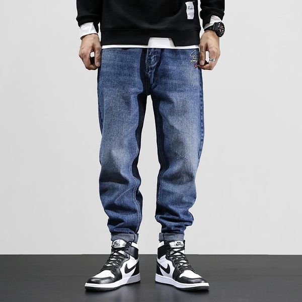 

men's jeans fashion streetwear men loose fit retro vintage wash harem pants korean embroidery designer hip hop1, Blue