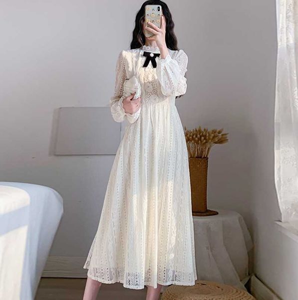 

spring fashion women lace hollow out long dres bow o collar high waist elegant party vestido 210531, Black;gray