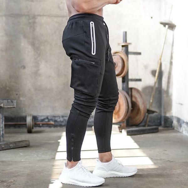 

joggers sweatpants multi-pocket trousers men casual skinny male track pants gym fitness workout training sports sportswear, Black
