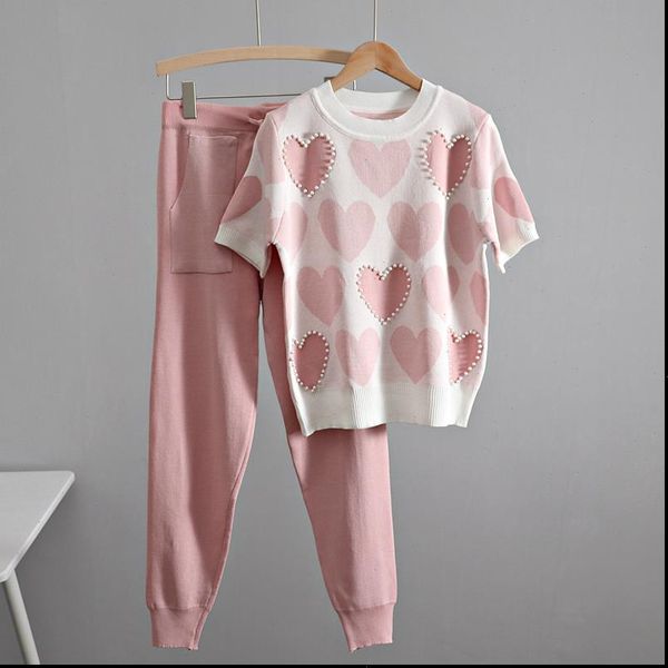 

2 piece sets knitted embroidery women tracksuits heart o neck short sleeve t shirt harem pencil pants, Gray