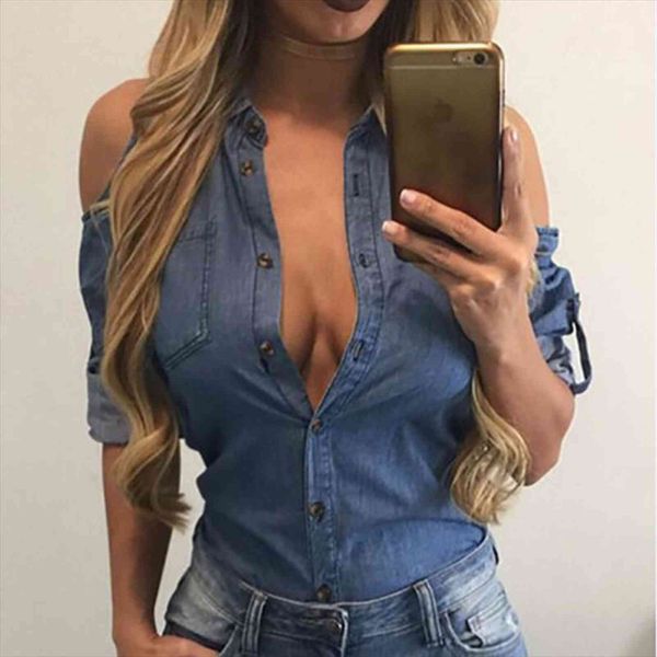 

solid color off shoulder office women blouses v neck long sleeve button casual summer loose shirt, White