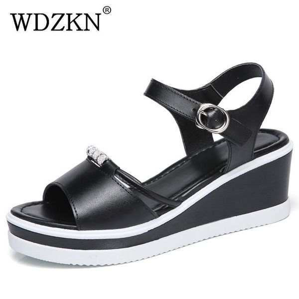 

women wedge sandals summer casual shoes split leather peep toe rhinestone platform black high heels