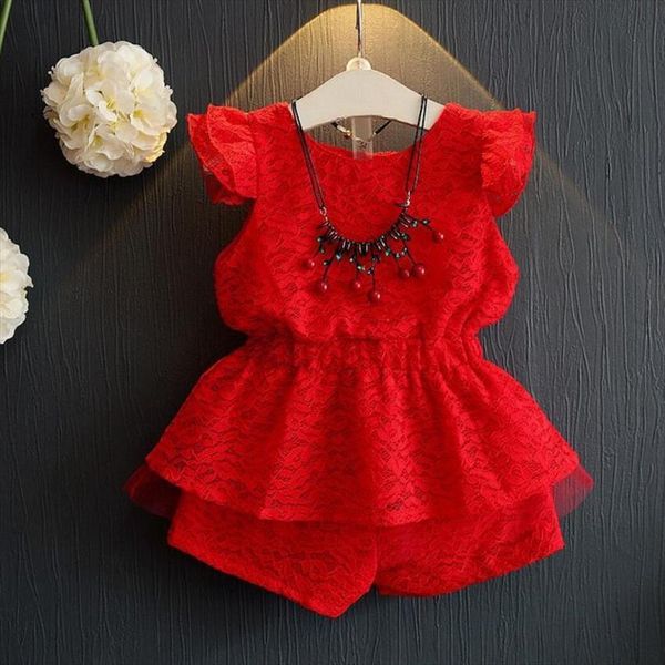 

summer baby toddler girls clothing sets kids girl clothes red short sleeve ruffles lace pant pcs suit jw1823a, White
