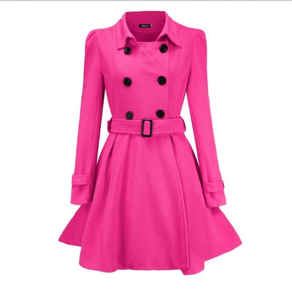 

long fashion trench coat autumn and winter slim ruffle women's belt double row button large swing woolen coat windbreaker, Tan;black