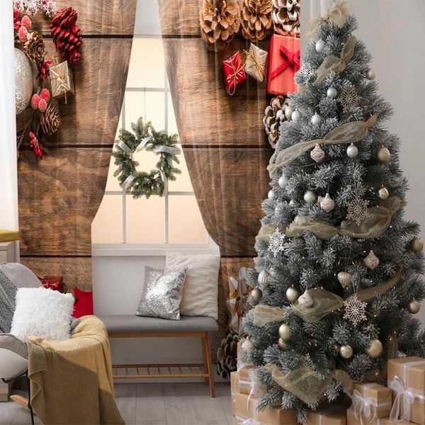 

curtain pine cones ornaments colorful baubles wrapped gifts on wooden table happy year po red brown & drapes