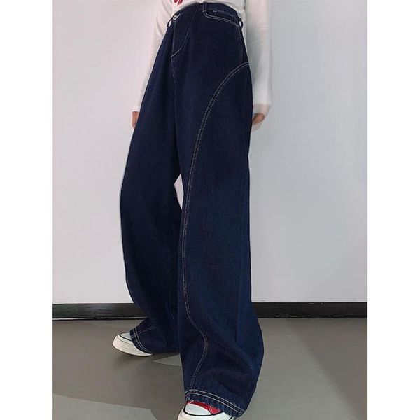 

large fat mm high waist loose thin open line design tube wide leg pants drag, Blue