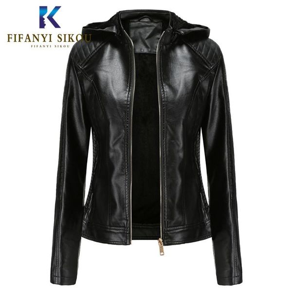 

women's leather & faux autumn winter women pu jacket woman black motorcycle hooded short coat plus size jackets thick warm outwear