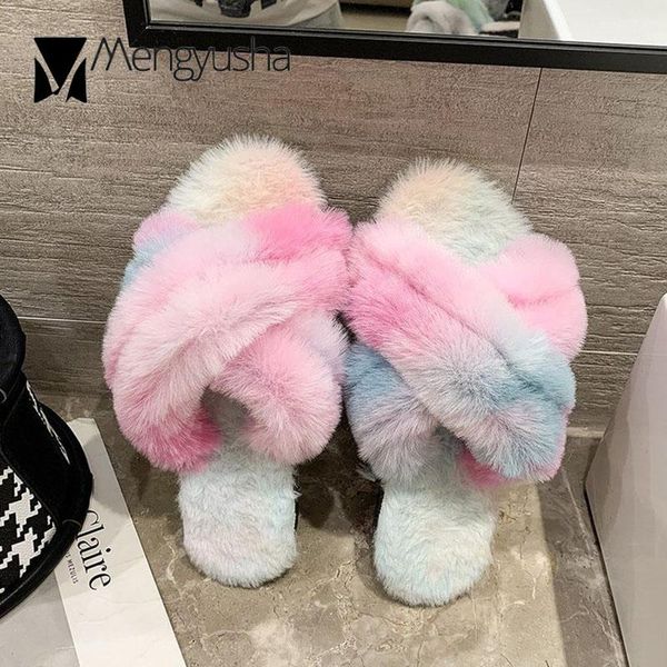 

multicolor cross band fur slippers women indoor cozy plush pantuflas ladies winter cotton shoes flat rainbow fluffy slides, Black