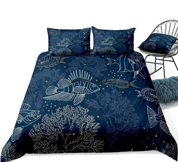 

bedding sets fishes and algae set ocean duvet cover  king sea quilt pillowcase navy blue bedclothes bedroom decor