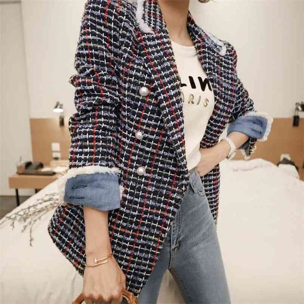 

winter women plaid tweed coat office ol wool blends double breasted long sleeve jacket casaco feminino 210519, Black;brown