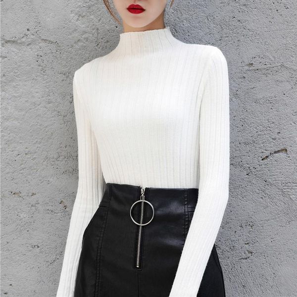 

women's sweaters jersey mujer white women autumn winter simple elegant high-neck tight-fitting long-sleeved pullover blouse, White;black