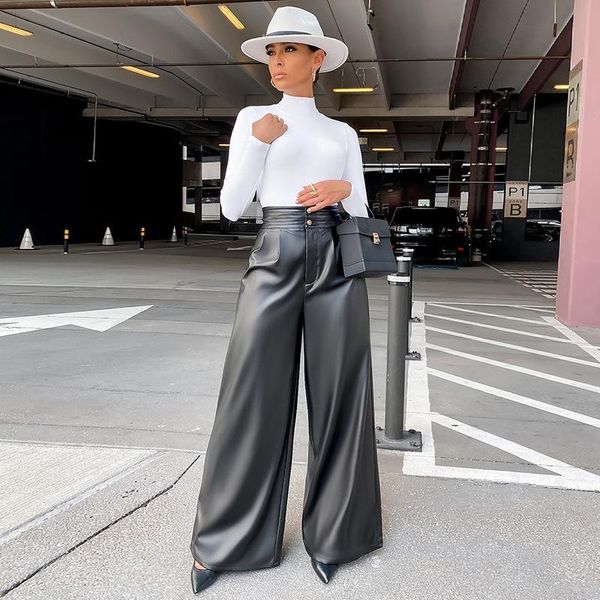 

women's pants & capris pu leather wide leg women spring autumn 2021 fashion black solid high waist long loose trousers bottom, Black;white