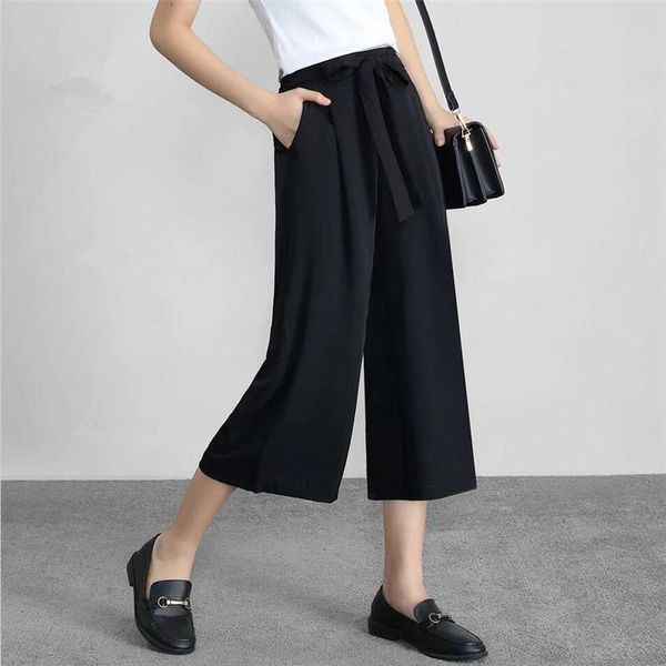 

women's pants & capris summer cool sweet sashed trousers chiffon large size 7xl 2021 casual loose straight slimming elastic oversized g, Black;white