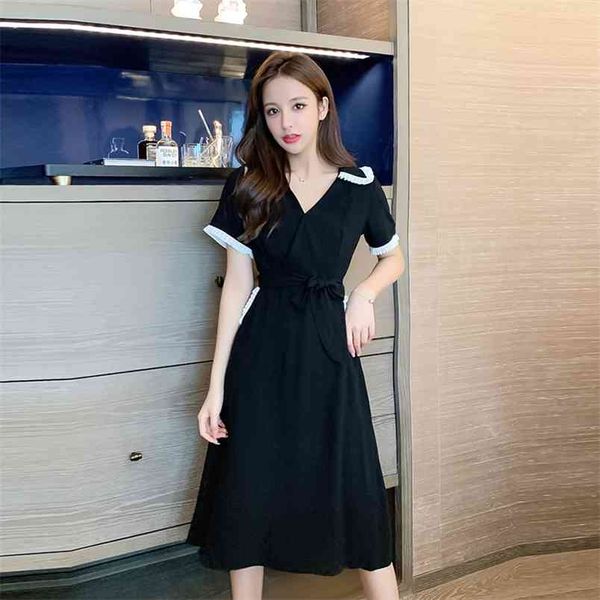 

women's dresses summer patchwork bandage bow peter pan collar dress temperament elegant woman vestidos female ls381 210506, Black;gray