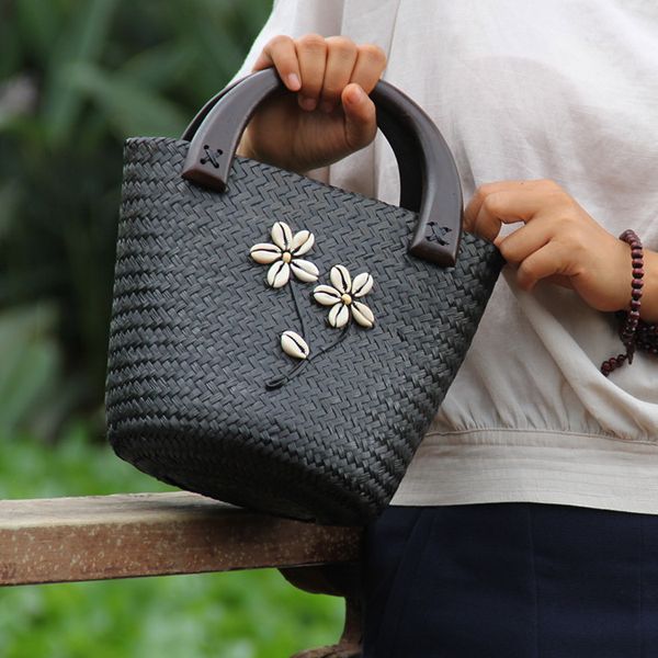 

woven bag straw bamboo brown stuff sackstotes rattan straw leisure vacation beach portable bucket women's small