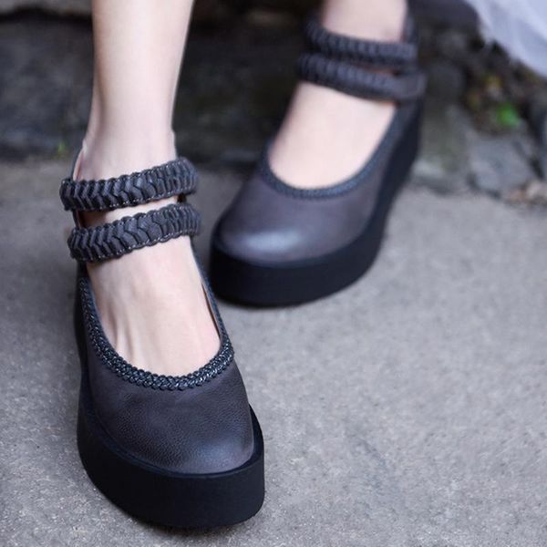 

artmu genuine leather platform shoes original woman wedges 4.7 cm high heels women mary jane thick retro dress, Black