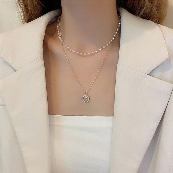 

chains summer fashion clavicle chain women's pearl necklace double decorative stacked, Silver