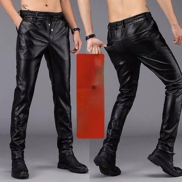 

men's pants pu leather fleece lined padded warm keeping slim-fitting biker motorcycle windproof winter, Black