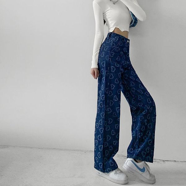 

women's jeans gothic jean pants women autumn boyfriend fashion heart print high waist funny harajuku cool stright trousers, Blue