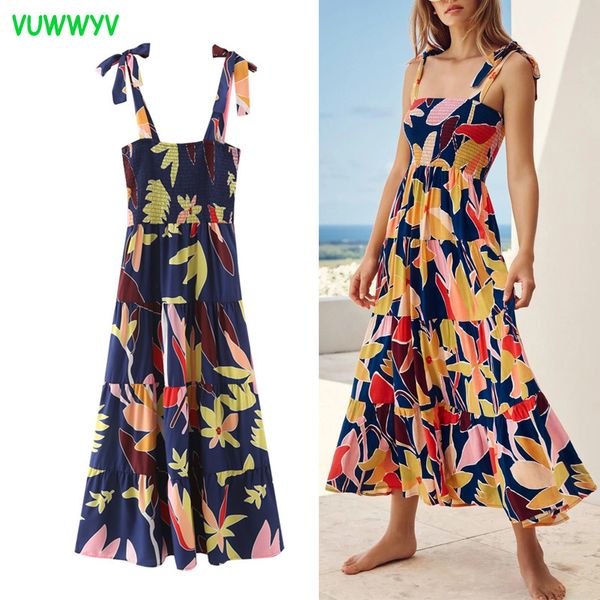 

vuwwyv dresses for women blue floral print beach straps midi dress woman summer vintage pleated elastic waist vestidos 210430, Black;gray