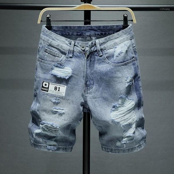 

men's shorts men light blue denim jeans holes good quality male straight fit pants summer cotton, White;black