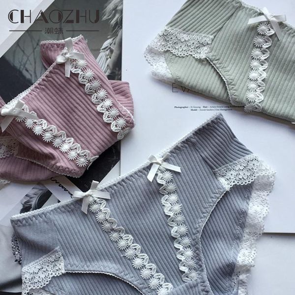 

women's panties chaozhu kawaii solid double bow applique underwear pure cotton hollow cute lace seamless briefs lingerie, Black;pink