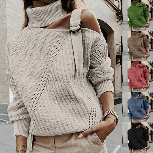 

women's sweaters autumn and winter casual loose solid color stitching long-sleeved stand collar one side strapless knit sweater top, White;black