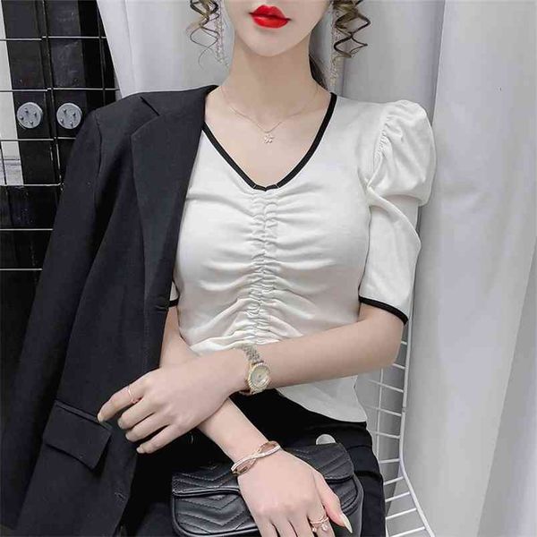 

summer women v-neck puff sleeve t-shirts korean fashion folds t shirt short tees y2k clothing women 210507, White