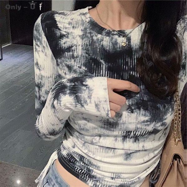 

women's t-shirt 2021 autumn tee long sleeve slim tie-dye cotton round neck, White